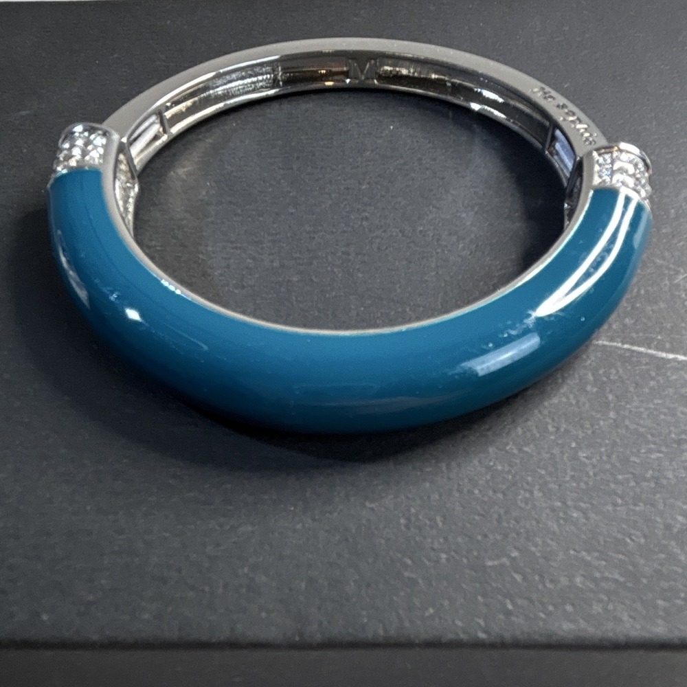 Lia Sophia Teal Enamel stretch Bangle Bracelet w/ Round Clear Crystal